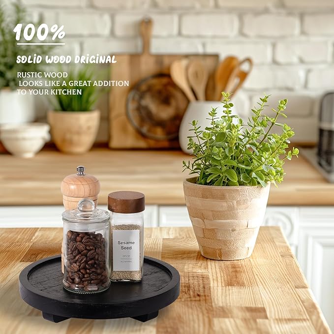 Round Decorative Tray Wood Bathroom Counter Organizer Farmhouse Kitchen Decor Wooden Riser for Soap Dish, Perfume, Candle, Sp