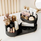 Rotating Vanity Organizer with Brush Holder and Drawer, 3 Layer Cosmetic Skincare Storage, Large Countertop Makeup Perfume & 