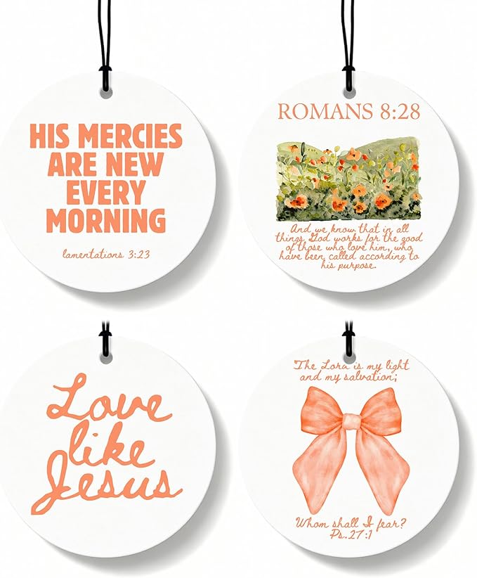 Orange Christian Round Car Air Freshener 4 Pcs, Coquette Orange Bow Religious Hanging Air Freshener for Cars Closet Drawer Bo