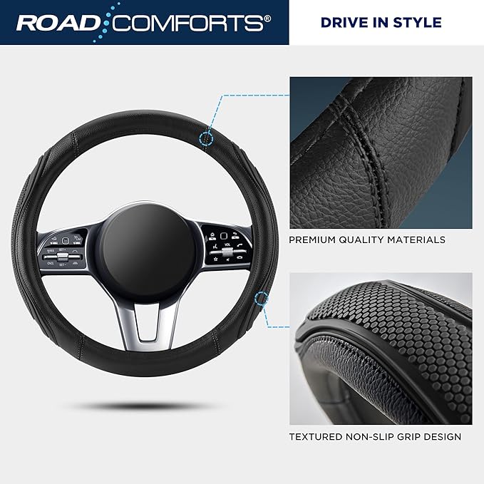 Road Comforts Car Steering Wheel Cover - Microfiber Leather Steering Wheel Wrap Sports 14.5-15 Inch Steering Wheel Cover Non-