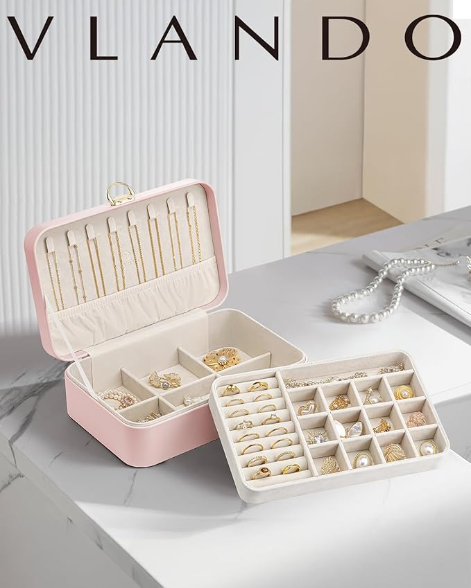 Vlando Jewelry Box Organizer for Women Girls, 2 Layer Jewelry Case with Lock,Jewelry Storage Earrings Necklace,Rings,Gift Box
