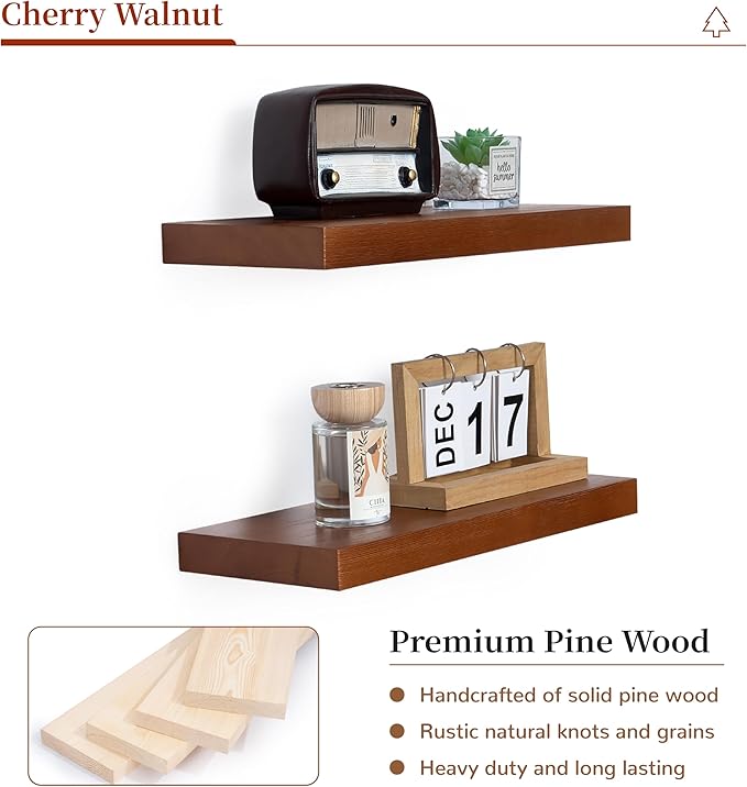 Marsmiles Wood Floating Shelves | Rustic Mahogany Wood Wall Shelves Set of 2 | 16" W x 6.7" D Wooden Floating Shelves for Bat
