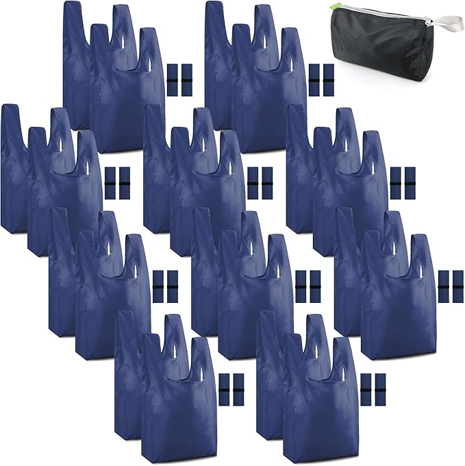 BeeGreen Navy Reusable Grocery Bags Bulk Gifts 20 Pack - Large Tote with Zipper Pouch | Foldable & Washable Polyester Shopping Bags Heavy Duty Animal Lover Gifts Reusable Bag With Handles