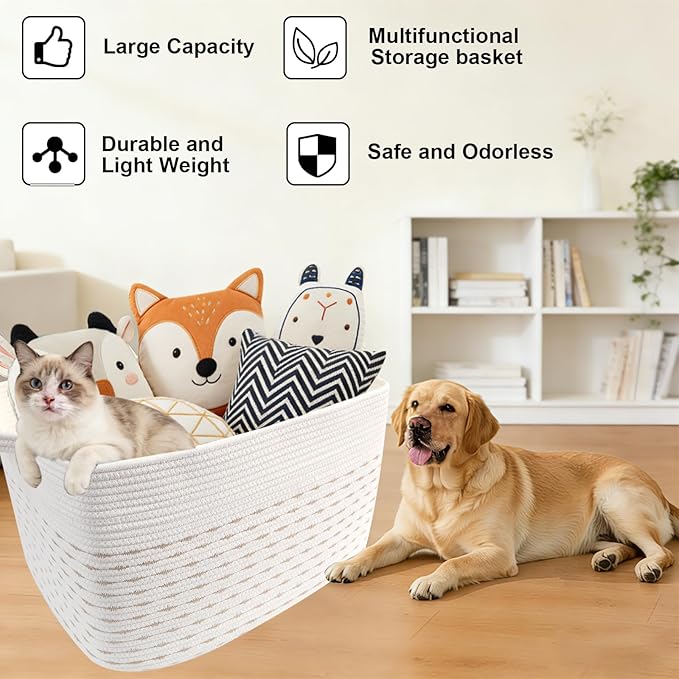 65L Large Blanket Basket,21"x16"x12" Rectangle Storage Bin with Handles,Woven Rope Laundry Basket for Toys, Clothes,Pillows,M