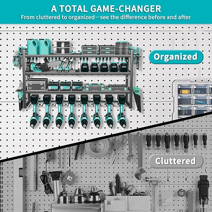 Power Tool Organizer Wall Mount Loads 400lbs, 4 Layers Heavy Duty Tool Organizers and Storage, Cordless Tool Rack with 8 Dril