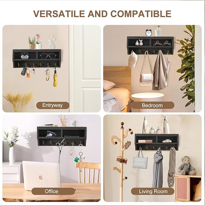 Key Holder Wall Mount - Mail Organizer Wall Mount with 6 Key Hooks and Storage Box for Sunglasses Storage and Dog Leash Holde