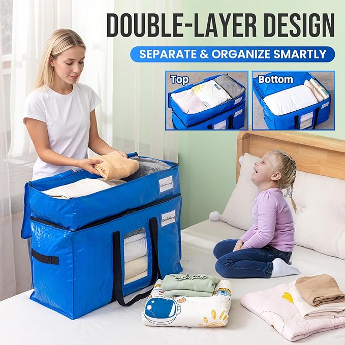 TAILI 2 Tier Extra Large Moving Bags, 2 Pack Blue Heavy Duty Totes for Storage with Visible Window, Wrap Around Handles, Stor