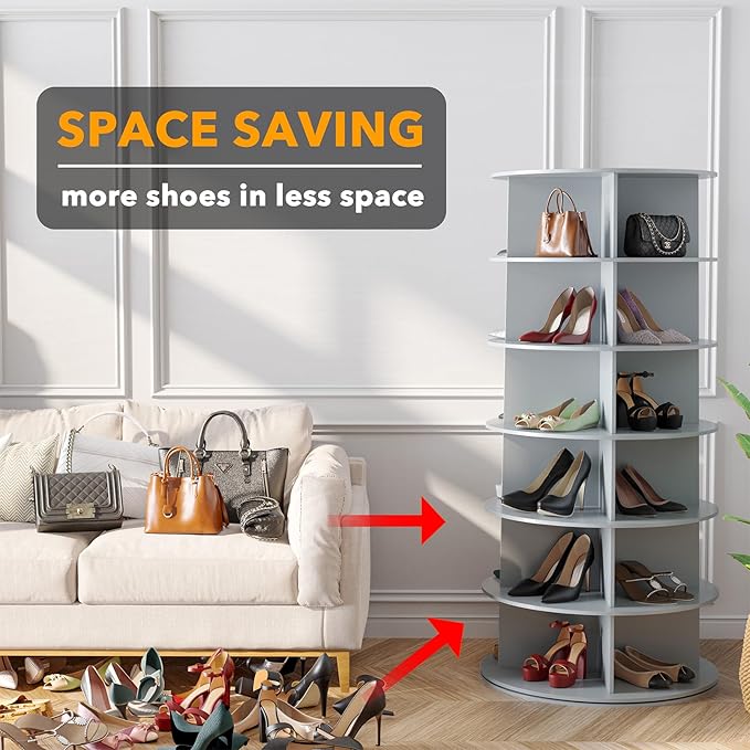 SpaceAid 6 Tier Rotating Shoe Rack Tower, Spinning Shoe Display Lazy Susan, Revolving 360 Shoe Rack Storage Round Carousel, V