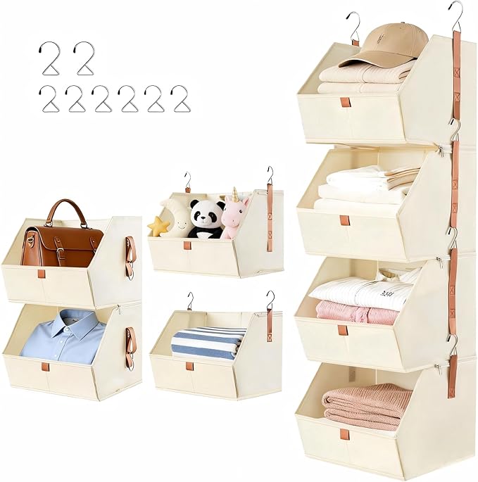 4 Tier Hanging Closet Organizer,Disassemblable Clothes Hanging Shelves,Fabric Closet Organizer System for Space-Saving,Foldab