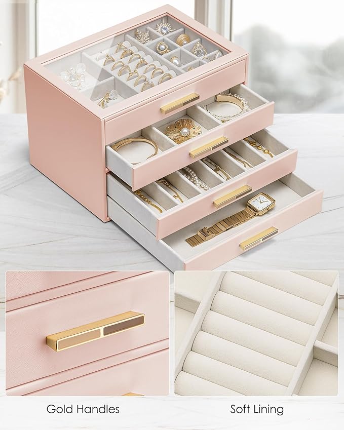 Vlando 4 Layer Jewelry Box for Women, Glass Lid Jewelry Organizer with 4 Drawers for Necklaces Rings Earrings Bracelets - Dar