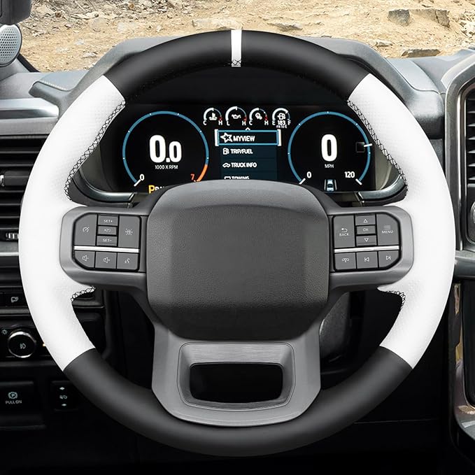MEWANT Hand Stitch Black White Artificial Leather Steering Wheel Cover for Ford F150 Lightning F350 2024 Expedition