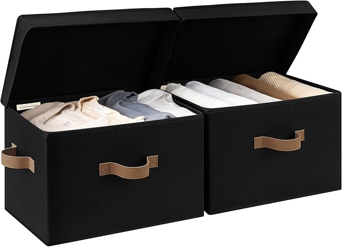 StorageWorks Fabric Storage Bins with Lid, Decorative Storage Boxes for Shelves, Stackable Closet Organizer Basket with Handl
