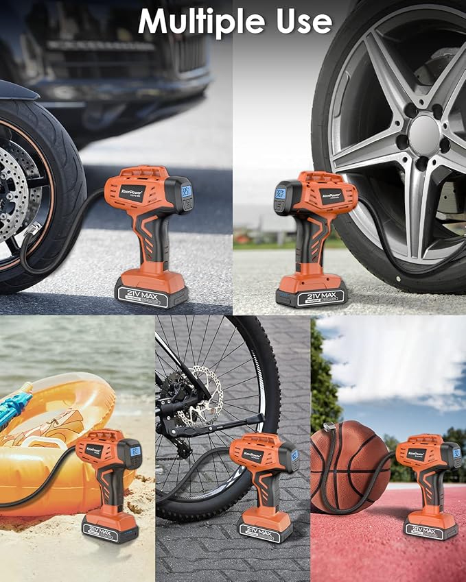 KeenPower Tire Inflator Air Compressor, 21V Cordless Car Tire Pump with Rechargeable Li-ion Battery, 12V Car Power Adapter, Digital Pressure Gauge, Suitable for Cars E-bikes Balls Motorcycles