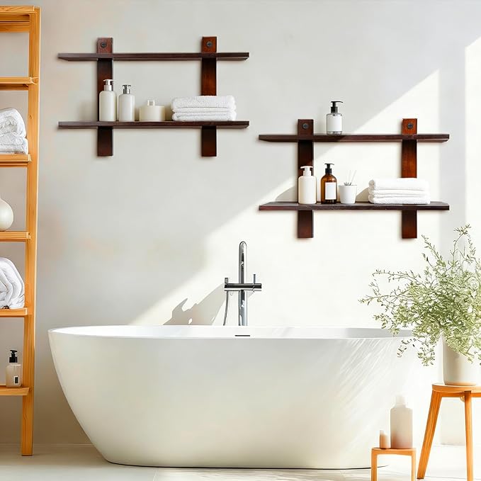 Floating Shelves for Wall Set of 2 Long 2 Tier Wood Wall Mounted Shelves Mid Century Modern Decorative Storage Plant Photo Di