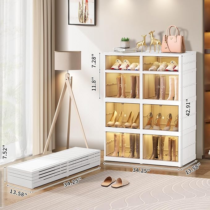 CIMLORD 4-Tier Foldable Shoe Rack Organizer for Closet 16Pairs Plastic Collapsible Shoes Storage Box Clear Shoe Boxes Stackab