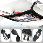 Skull Car Ceiling Cargo Net Pocket Hanging Storage Bag with Zipper 31.5"x21.6" Double-Layer Mesh Car Roof Storage Organizer Long Road Trip Truck SUV Travel Camping