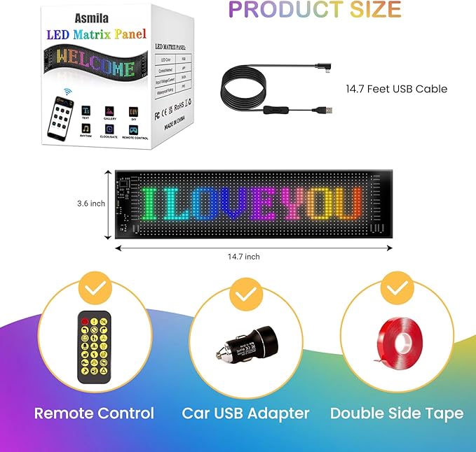 Taxi Sign 14.7 x 3.6 inch, Flexible LED Display Light, Christmas Car Decor, Programmable Scrolling LED Light Signs for Windshield, Rear Window and Side Window