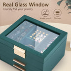 3-Layer Jewelry Box for Women, Jewelry Organizer with Glass Lid and Drawers, Jewelry Organizers and Storage for Necklaces, Ri