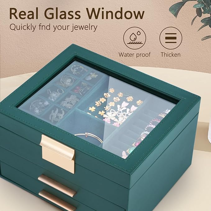 3-Layer Jewelry Box for Women, Jewelry Organizer with Glass Lid and Drawers, Jewelry Organizers and Storage for Necklaces, Ri