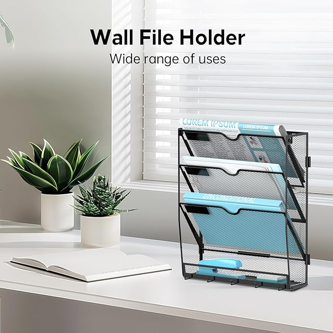 Wall File Organizer - Hanging File Organizer with 5 Hooks, Mail Holder Wall Mounted for Papers, Folders, Magazines, Bills, 4 