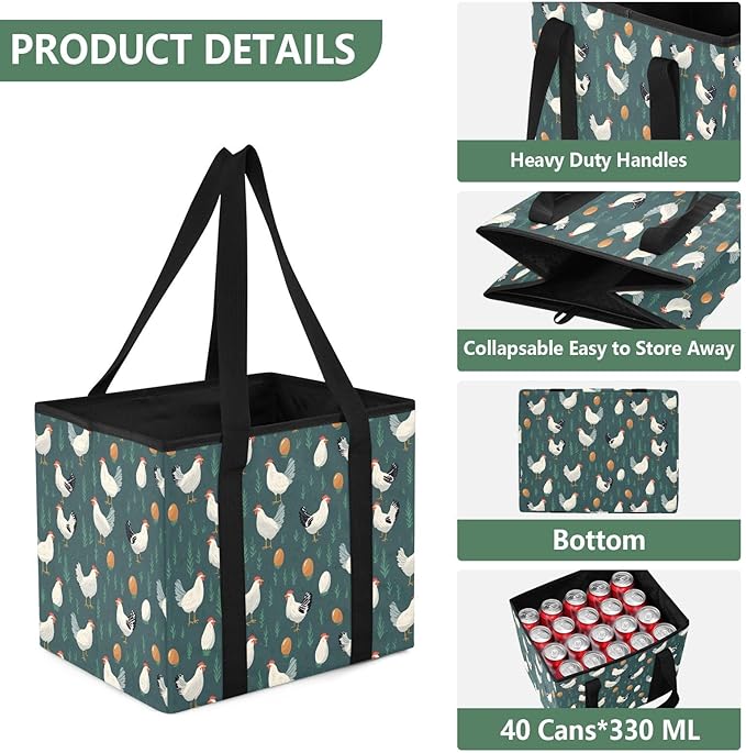 FRMG Chicken Hen Kitchen Reusable Grocery Bags,Car Organizer Storage Bag,Foldable Trunk Organizers,Large Shopping Totes Bag w