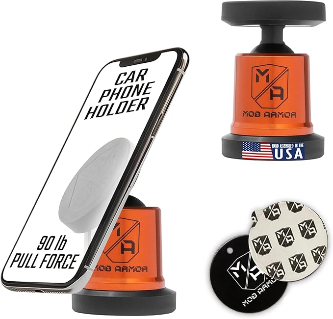 Mob Armor MobNetic Maxx - USA Assembled Magnetic Phone Holder for Car, Magnetic Car Phone Mount, 90-Degree Tilt, 360-Degree Rotation, Aluminum Metal, Compatible with iPhone & Android - Orange Chrome