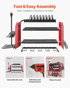 VEVOR Power Tool Organizer with Charging Station, 3-Layer Drill Storage Rack with 4 Drill Holders & Side Pegboard, Garage Too