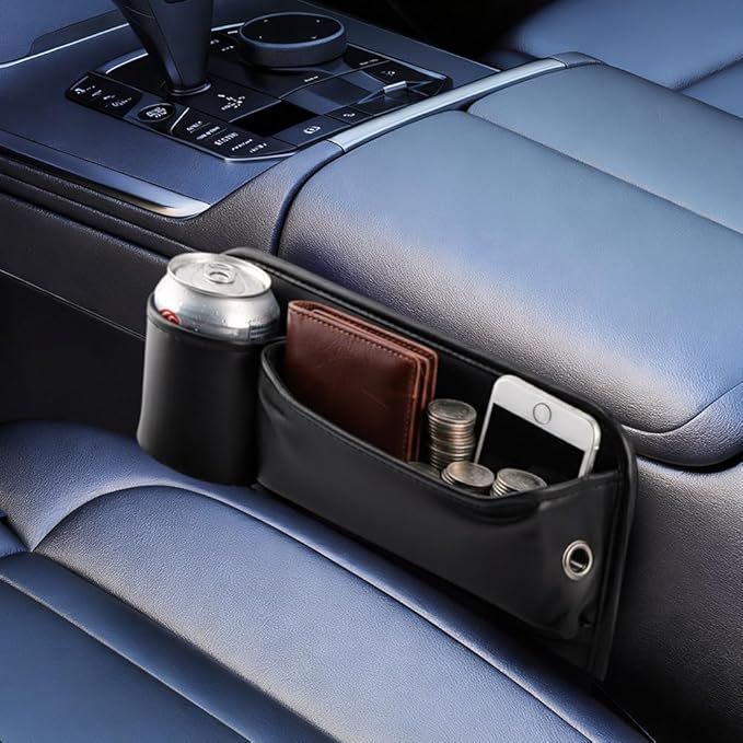 2Packs Car Seat Filler Organizer, Seat Gap Storage Box with Water Cup Holder & 4 Car-Seat Headrest Hooks, Universal fit for Most Car, for Phone, Keys, Wallet, Sunglasses and Bottles, Prevent Dropping