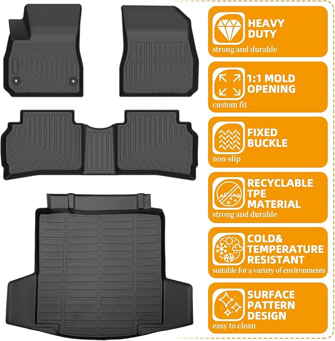 Floor Mats for Chevy Malibu 2016 2017 2018-2022 2023-2025, Custom Fit Chevrolet Malibu LS, RS, LT, Premier, TPE Duty Anti-Slip 1st & 2nd Row & Cargo Liner for 2023 Malibu Floor Mats Accessories