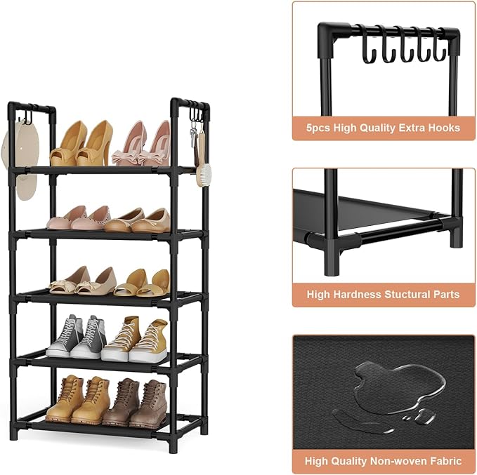 LANTEFUL 5 Tiers Shoe Rack 12-15 Pairs Boots Organizer Storage Sturdy Narrow Shoe Shelf for Entryway, Closets with Hooks, Bla