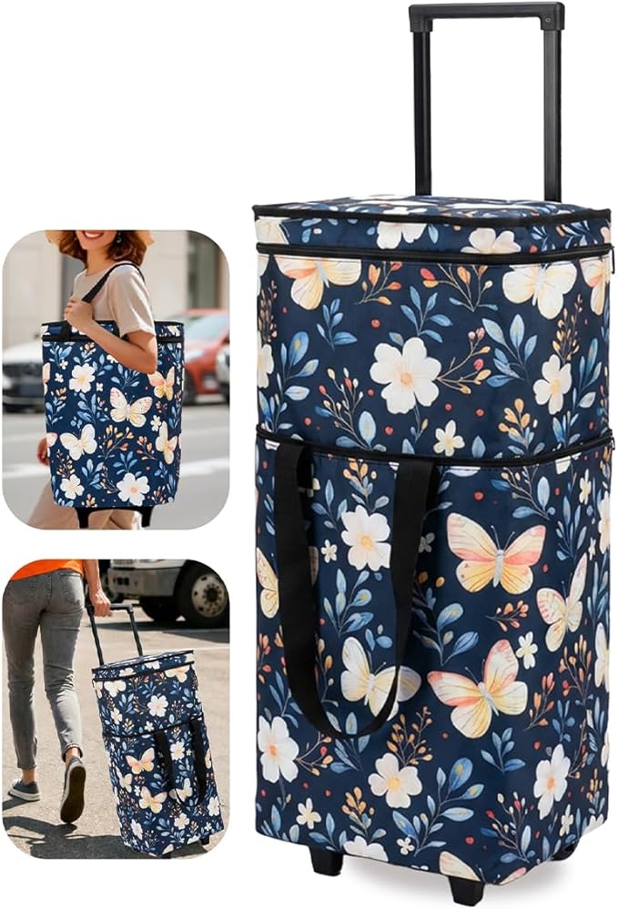 Foldable Rolling Bag, Portable Small Shopping Cart with Wheels, Collapsible Shopping Tote with Stylish Pattern for Market & Grocery Runs–Gift for Women & Seniors, Pro L, bluebfly