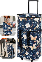 Foldable Rolling Bag, Portable Small Shopping Cart with Wheels, Collapsible Shopping Tote with Stylish Pattern for Market & Grocery Runs–Gift for Women & Seniors, Pro L, bluebfly