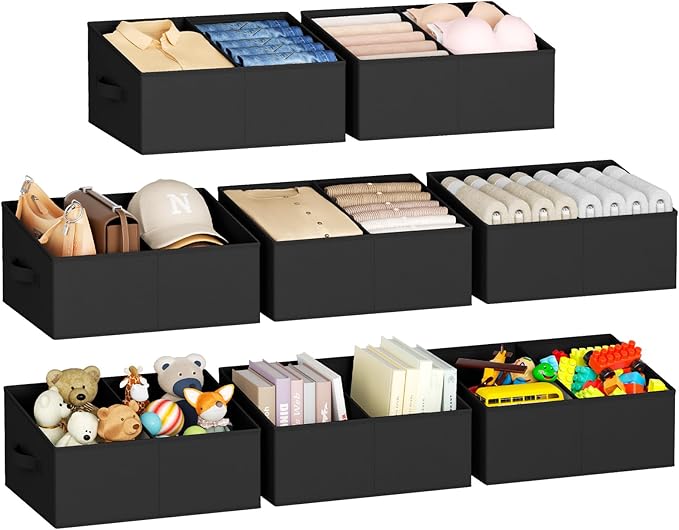DIMJ Large Closet Shelf Organizer Bins 8 Packs with Handles and Divider, Fabric Trapezoid Storage Baskets, Foldable Clothes C