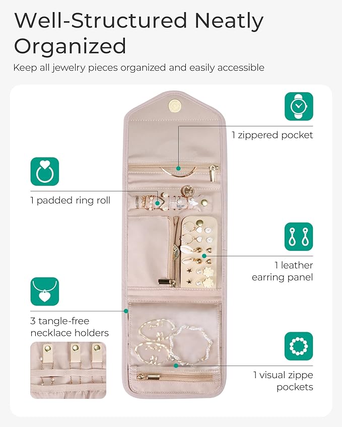 BAGSMART Travel Jewelry Organizer Case Foldable Small Jewelry Roll for Journey Rings, Necklaces, Earrings, Bracelets,Mini,Sof