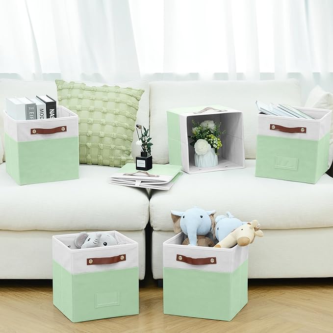 FinishingBo 6-Pack Storage Cubes with Handles & Label Holders Basket, Closet Cube Home Organizer Bins(White/Green, 10.5*10.5*