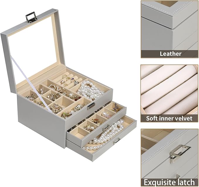 BOOVO Clear Lid Jewelry Box,3 Layers Jewelry Organizer Large Multi-Functional Jewelry Storage Box with 2 Drawers,Jewelry Disp
