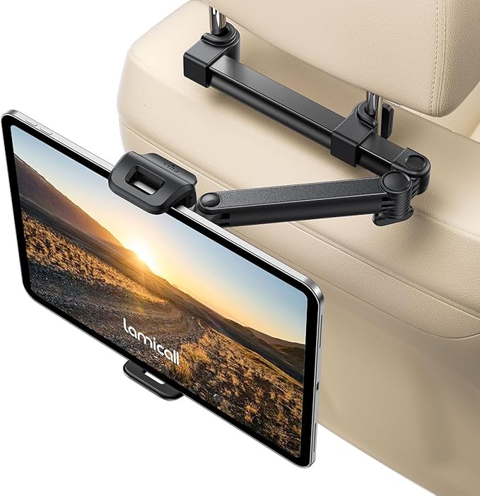 Lamicall Car Headrest Tablet Holder - [Foldable Clip] [Lockable] Tablet Mount for Car Backseat, Car Accessories for Kids, for iPad Pro, Air, Mini, Galaxy Tab, Fire HD, 5.4-13" Tablets and Phones