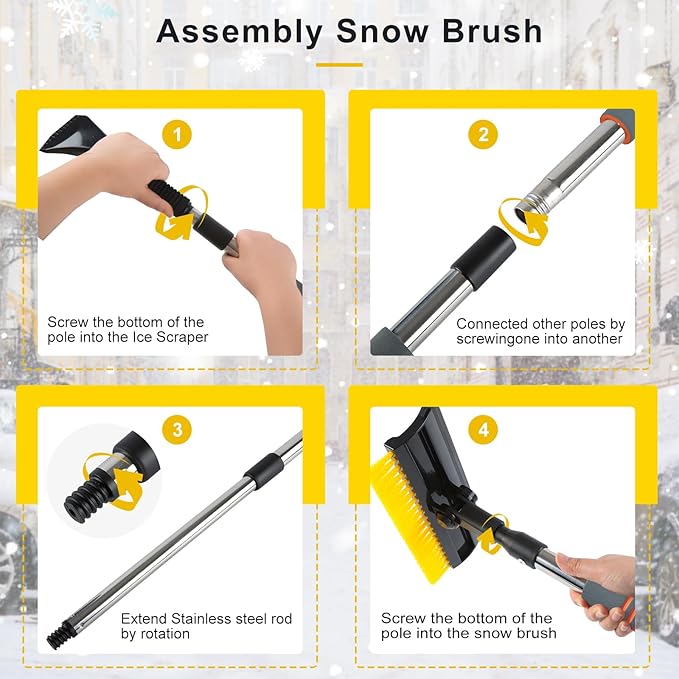 53" Extendable Retractable Snow Brush & Ice Scraper for Car SUV Truck - 360° Pivoting Brush Head with Comfort Foam Grip, Windshield Cleaner Tool