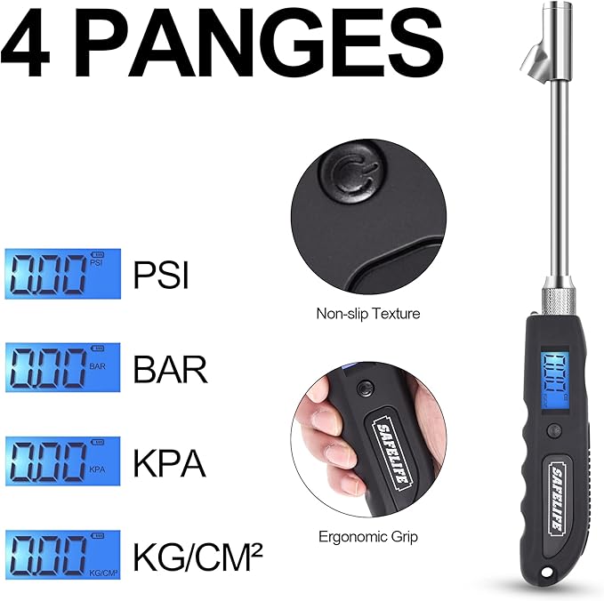 SAFELIFE Digital Tire Pressure Gauge, Heavy Duty Dual Head Stainless Steel Made Swivel Air Chuck Tire Pressure for Truck RV with Backlit LCD and Flashlight-230 PSI