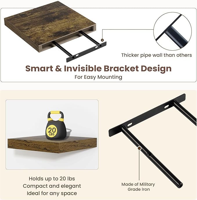 Fun Memories Square Floating Shelves for Wall - 9.3 Inch Deep Floating Shelves with Invisible Brackets, Brown Small Wall Shel