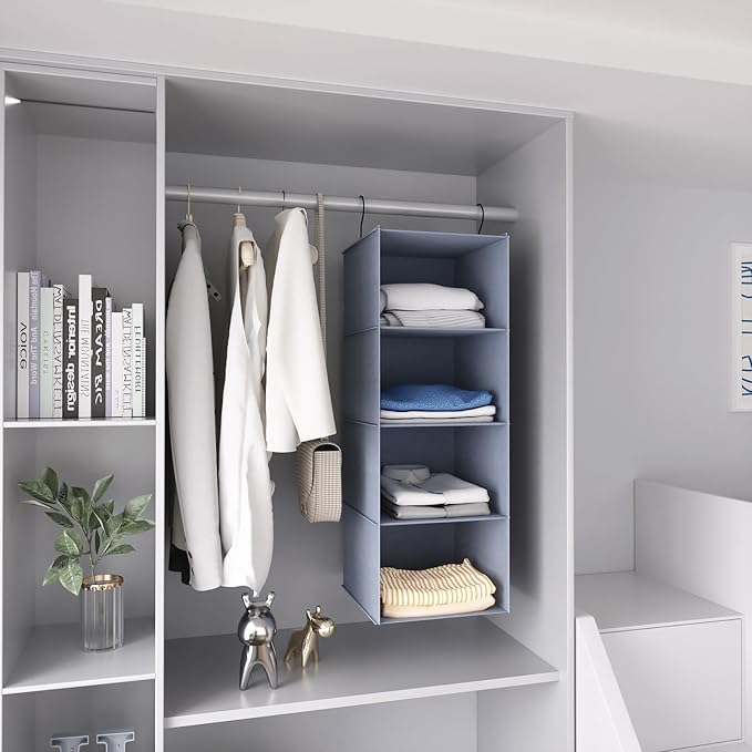 Hanging Closet Organizer, Easy Mount Foldable 4-Shelf Hanging Closet Wardrobe Storage Shelves, Clothes Handbag Shoes Accessor