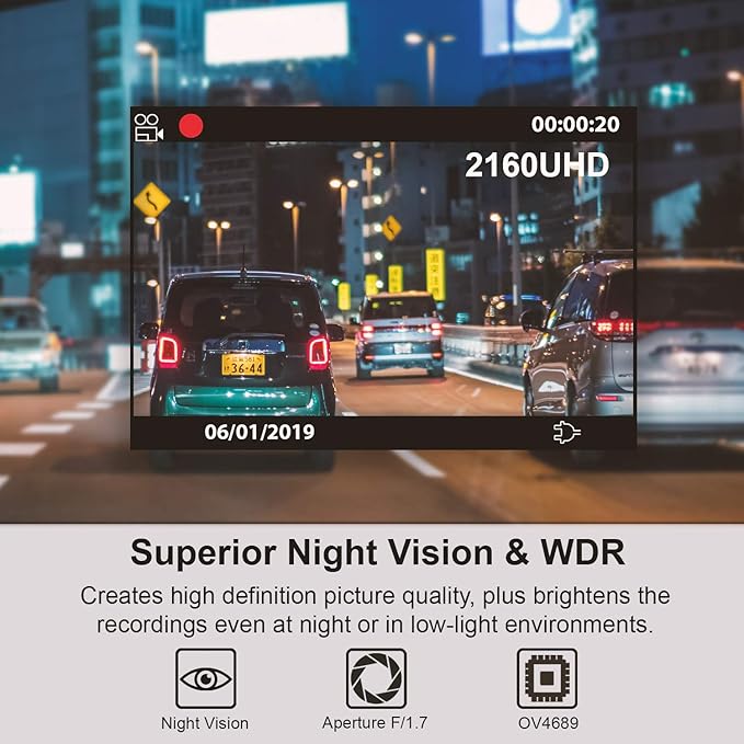 REXING V1 - 4K Ultra HD Car Dash Cam 2.4" LCD Screen, Wi-Fi, 170° Wide Angle Dashboard Camera Recorder with G-Sensor, WDR, Lo