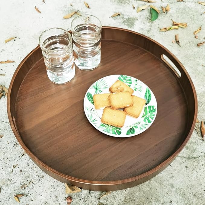 i-lan 16-inch Wooden Lazy Susan Turntable - Large Decorative Rotating Tray Made of Walnut Wood with Dual Handles & Silent Bea
