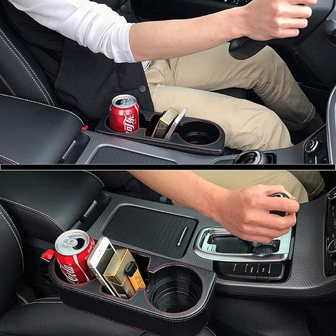 Car Cup Holder, Auto Front Seat Cup Holder, PU Leather Cover Cup Drink Holder, Car Seat Gap Filler Organizer, Side Cup Holder for Car Coin Bucket, Cell Mobile Phone Holder, Black