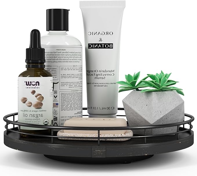 10" Oak Bathroom Vanity Tray Turntable for Perfume Candle, Round Wooden Decorative Tray for Kitchen Sink Countertop Organizer