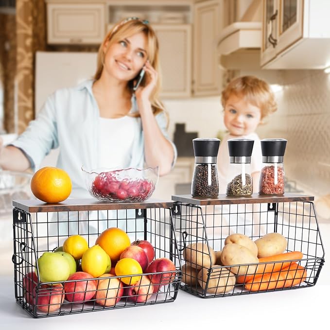 Mefirt Fruit Bowl, Stackable Wall Mounted Fruit Basket of Smooth Wood Lid with 4 Banana Hanger Hooks, Metal Kitchen Counter O