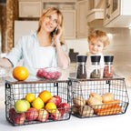 Mefirt Fruit Bowl, Stackable Wall Mounted Fruit Basket of Smooth Wood Lid with 4 Banana Hanger Hooks, Metal Kitchen Counter O