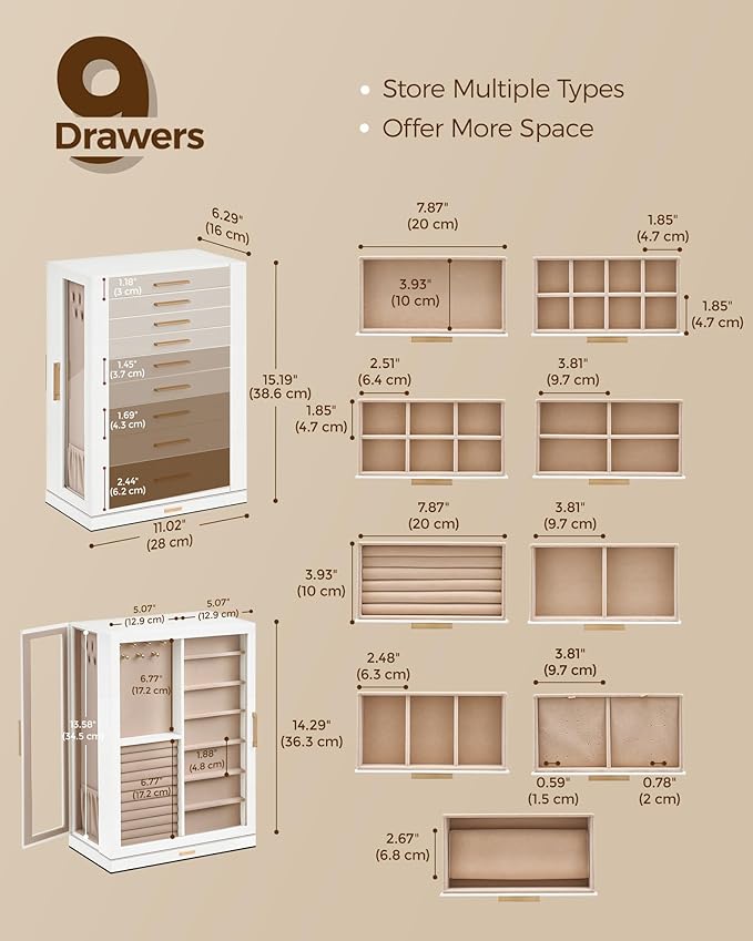 Glimmloop 360° Rotating Jewelry Box with 9 Drawers, Spacious Vertical Jewelry Organizer with Glass Window, Jewelry Storage Ca