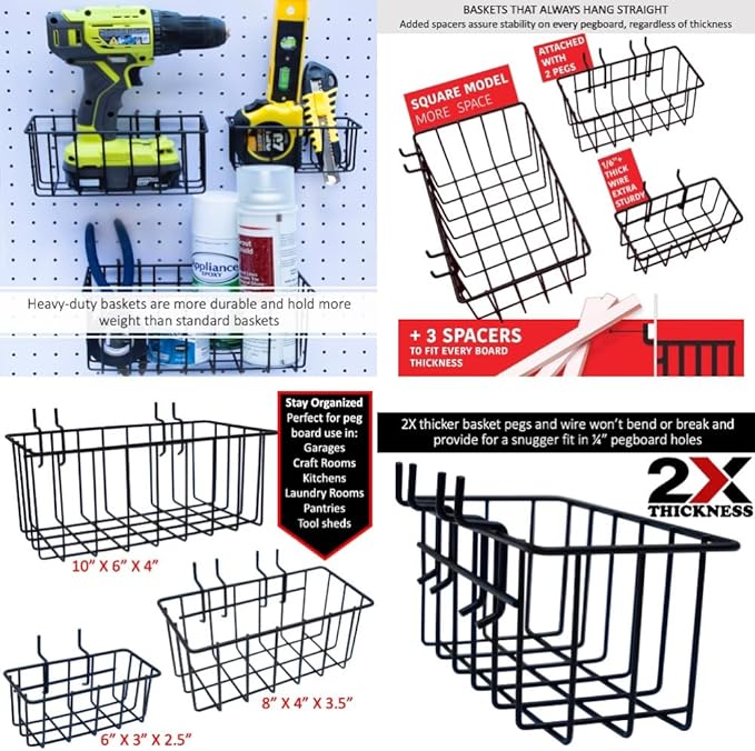 Heavy Duty Black Pegboard Hooks and Baskets for Hanging Tools, 73 Pieces 1/4'' Peg Board Accessories Peg Hooks and Bins, Peg 