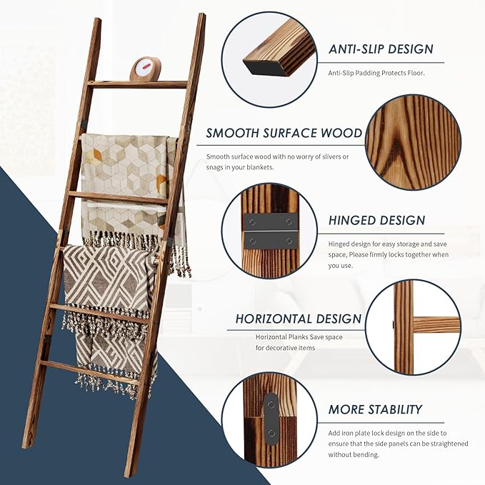 6-Tier Blanket Ladder Wooden, 5.7FT(66.5'') Blanket Quilt Towel Holder Rack Decorative Ladder, Easy Assembly, Rustic Farmhous